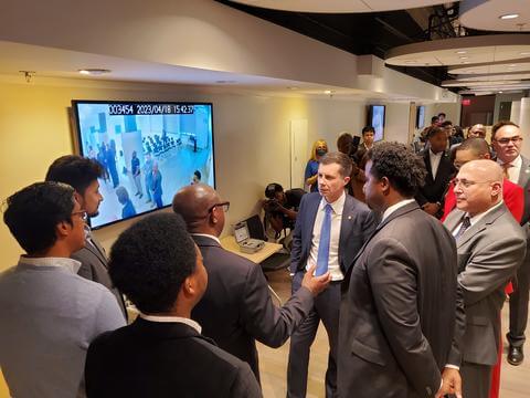 U.S. Department of Transportation Secretary Pete Buttigieg speaking with faculty and students