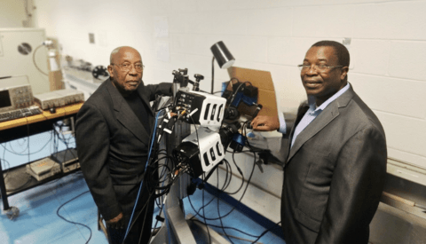 Owolabi and Glakpe demonstrate the equipment they will be using for the project.